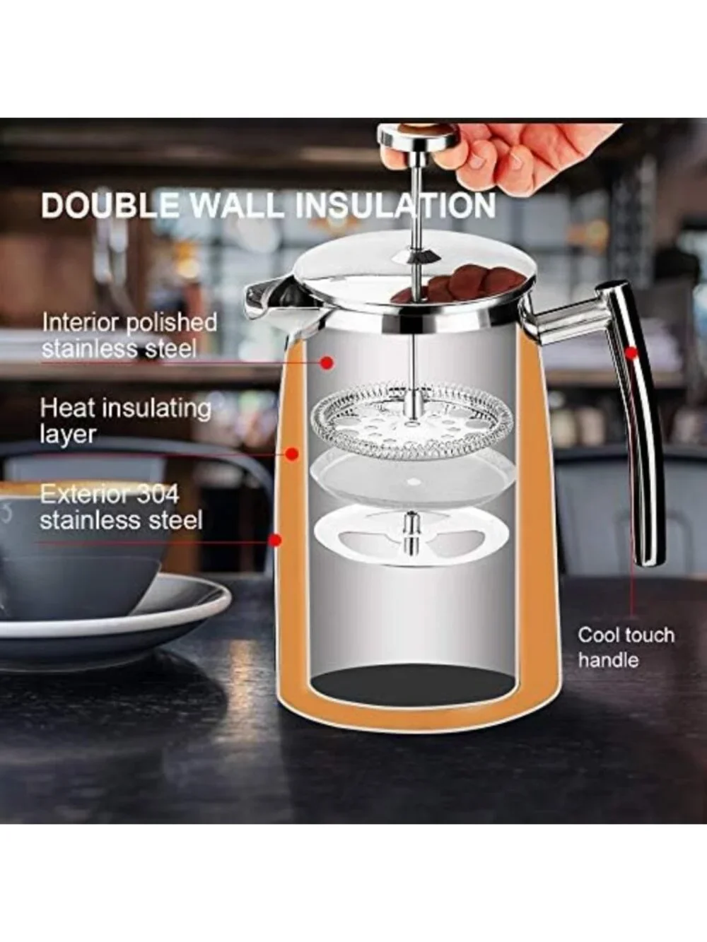 50-Ounce Stainless Steel French Press Coffee Maker - Insulated, Extra Screen